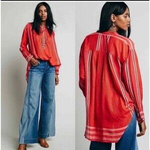 Free People Women's Popover Tunic Dress Shirt Plaid Long Red Gold Oversized XS